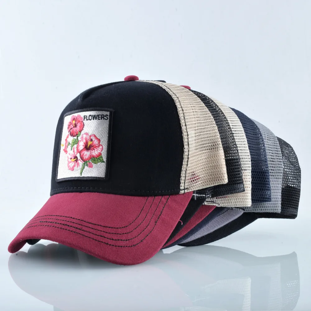 Breathable Baseball Cap Women Spring Summer Mesh Snapback Trucker Hat For Men Flower Embroidery Hip Hop Bone Gorras Visor Hats