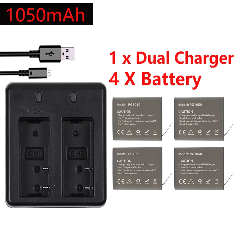 1050mAH PG1050 Camera Battery + Dual Charger For EKEN H9 H9R H3R H8R H8PRO H8 SJCAM SJ4000 SJ5000 M10 Action Camera Batteria