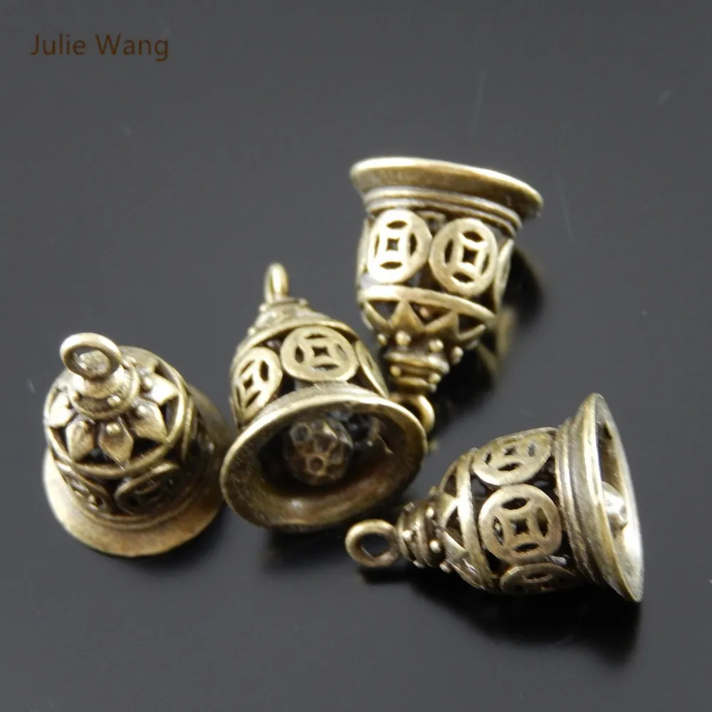 Julie Wang 5PCS Copper Bell Charms (No Sound) Antique Bronze Hollow Pendant Bracelet Handmade Fashion Jewelry Making Accessory