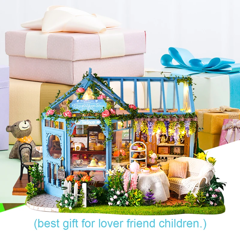 Cutebee DIY House Miniature with Furniture LED Music Dust Cover Model Building Blocks Toys for Children Casa De Boneca A68