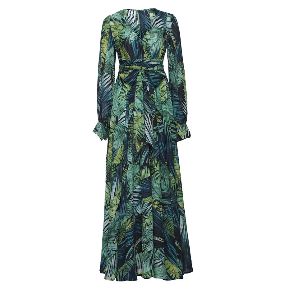 Primavera verão vestido de manga longa verde praia tropical vintage maxi vestidos boho casual v pescoço cinto rendas até túnica drapeado mais tamanho