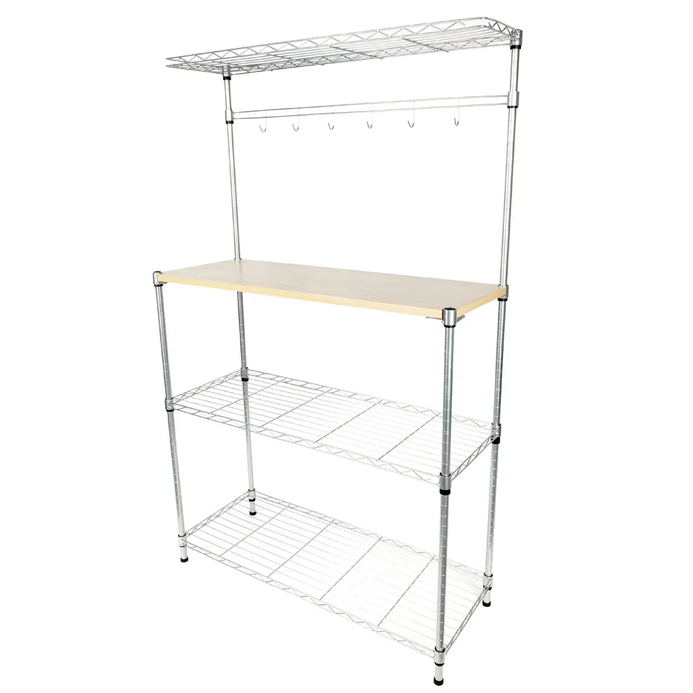 

Four-tier Powder Coating Baker's Rack Microwave Oven Rack with MDF Board & 6pcs Wave Rod Silver