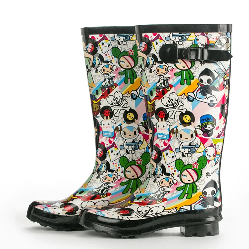 CuddlyIIPanda New Hand-painted Cartoon Rain boots Waterproof Women Knee High Boots Cute Kawaii Buckle Strap Botas Feminina
