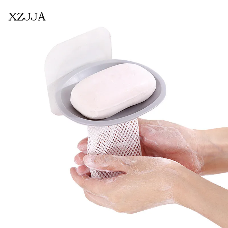 XZJJA 1PCS Non-Trace Sucking Disc Drainage Storage Rack Plastic Soap Holder With Foam Mesh Bag Home Bathroom Toilet Accessories