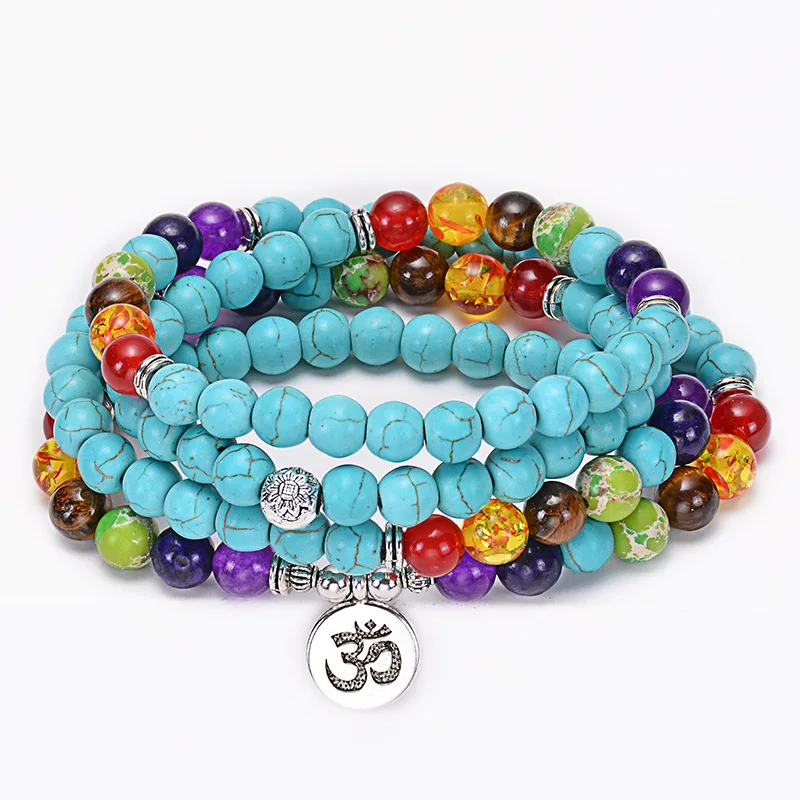 Pulsera multicapa de siete Chakras, colgante con diseño de árbol de la vida OM, Yoga, 108