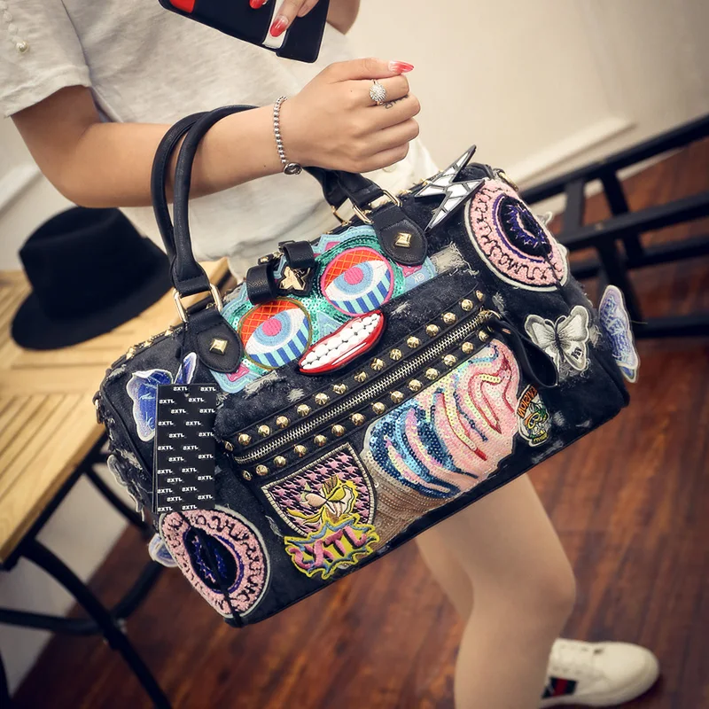 Women Denim Handbags Casual Shoulder Bags Rock Style Fashion Totes Vintage Demin Blue Top Handle Bags Bolsa Large Travel Bags