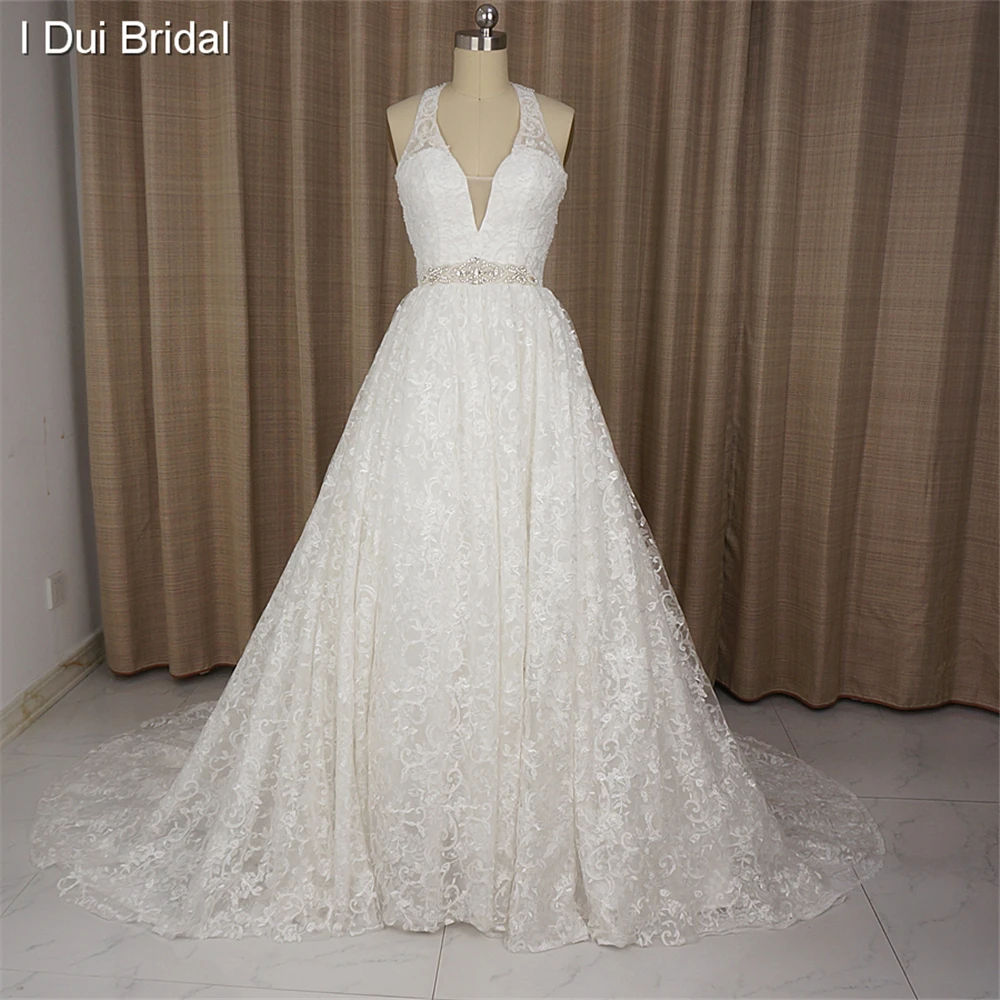 Halter Wedding Dress Jauh V Neck Ball Gown Lace Real Photo Bridal Gown Jewel Belt Custom Made ELS0002