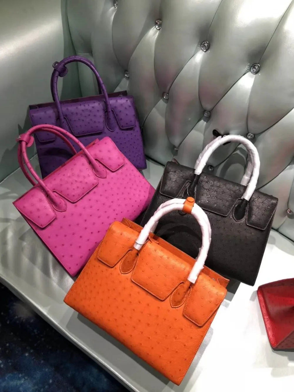 100% genuine real ostrich skin women tote bag top level quality full grain Ostrich skin women tote handbag orange purple pink