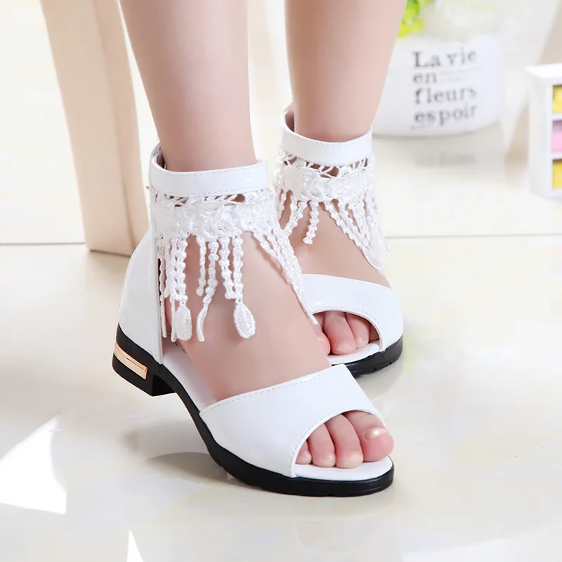 Summer Sandals Girls Shoes Tassel Lace Kids Sandals New Fish Mouth Princess Shoes Black White Pink Size 27-36 Fashion A858