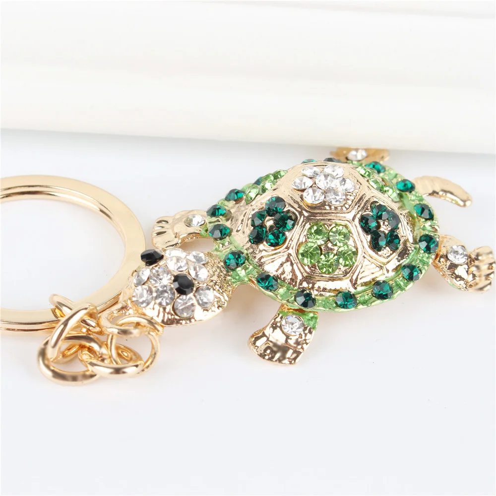 Green Tortoise Turtle Pendant Charm Rhinestone Crystal Purse Bag Keyring Key Chain Wedding Party Gift