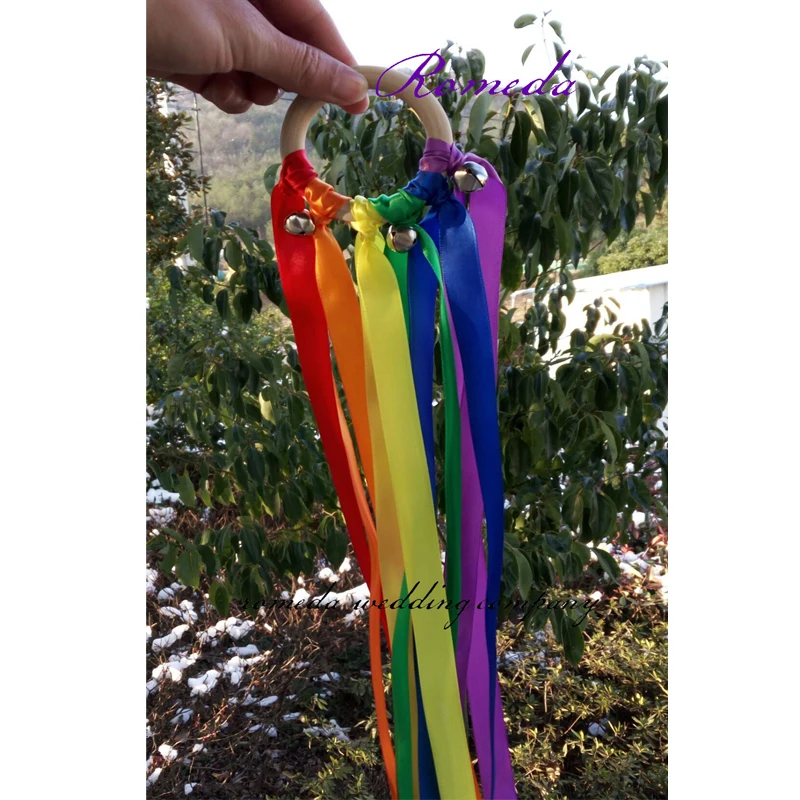 New Arrived Rainbow Color Stain ribbon Wooden Ring With Bell Birthday Party Favors