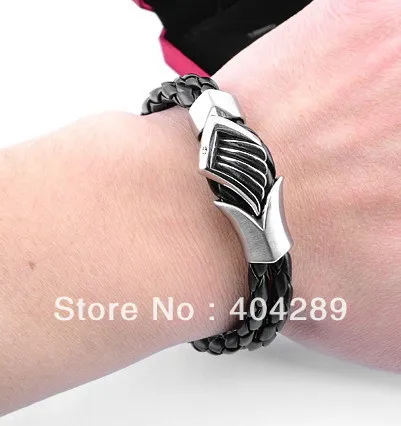 Men's Angel Wing Rhinestone Real Leather knitted  Stainelss Steel Bracelet