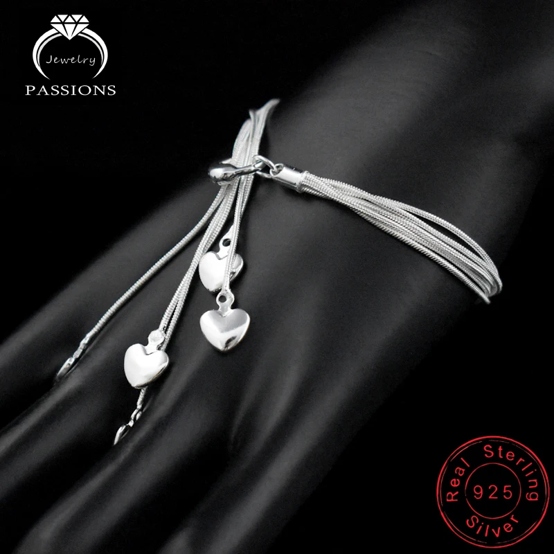 New Arrival Fashion 925 Sterling Silver Bracelets Elegant Multilayer Love Heart Tassel Pendant Chain Bracelet For Women Jewelry