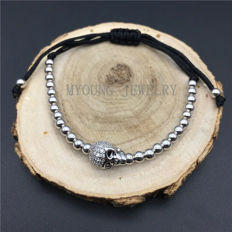 MY1244 Micro Paved CZ Zircon Skull Bead and 4mm  Advanced Plated Round beads and Adjustable Rope Chain Bracelet Jewelry