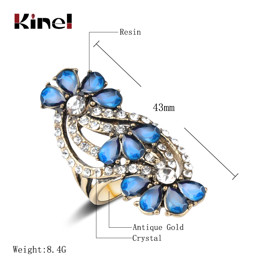 Kinel Blue Big Rings For Women Fashion Antique Gold Crystal Flower Vintage Jewelry Party Band Wedding Ring Accessories Gift