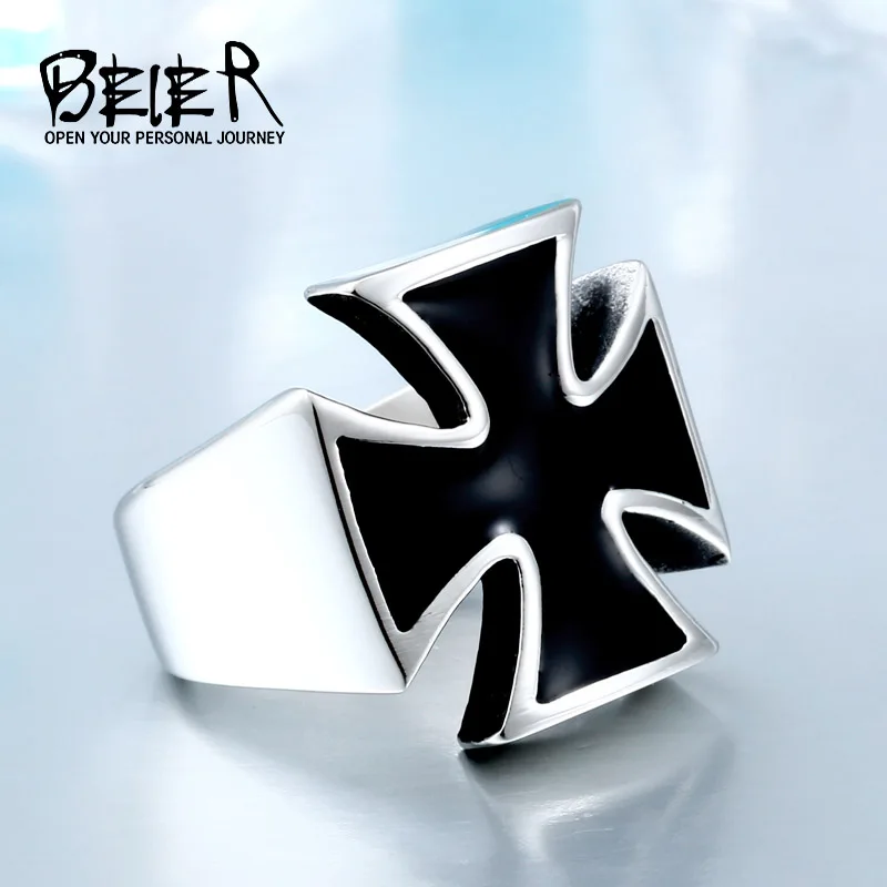 BEIER Old style  Unisex Black Sureface For Woman And Man Stainless Steel Gothic Punk Cross Finger Ring Gift Jewelry BR8-505