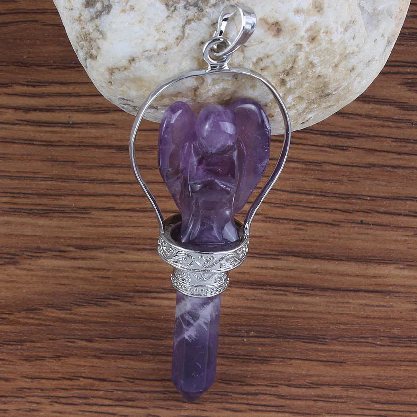 XSM Unique Angel Scepter Pendants Reiki Healing Natural Stones Crystal Amethysts Jewelry Findings for Women Men Necklaces Fits