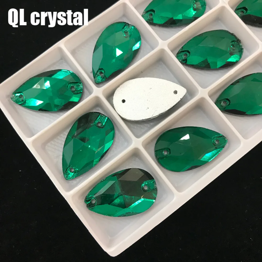 QL Crystal 2019 popular Malachite green Drops Sew On Crystals for Craft Sewing On Rhinestone 2 Holes DIY Garment Dress Making