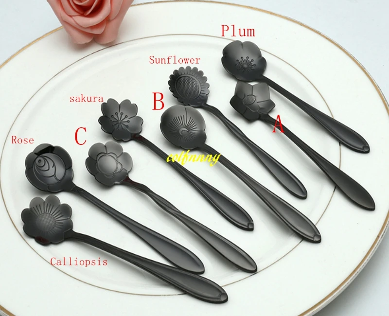 200pcs/lot 12.5x2.5cm Stainless Steel Flower Coffee Spoon Tableware Creative Black Sugar Stirring Mixing Tea Spoon gift