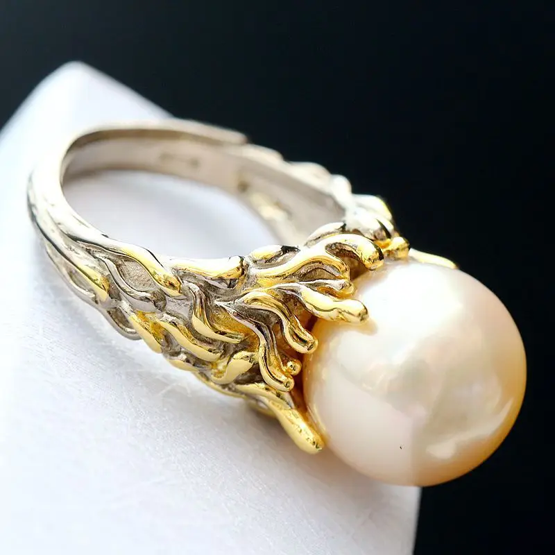 

Retro Thai Silver Wholesale Inlaid Natural Big Pearl Silver Ring Hip-Hop Style S925 Sterling Silver Female Open Ended Ring