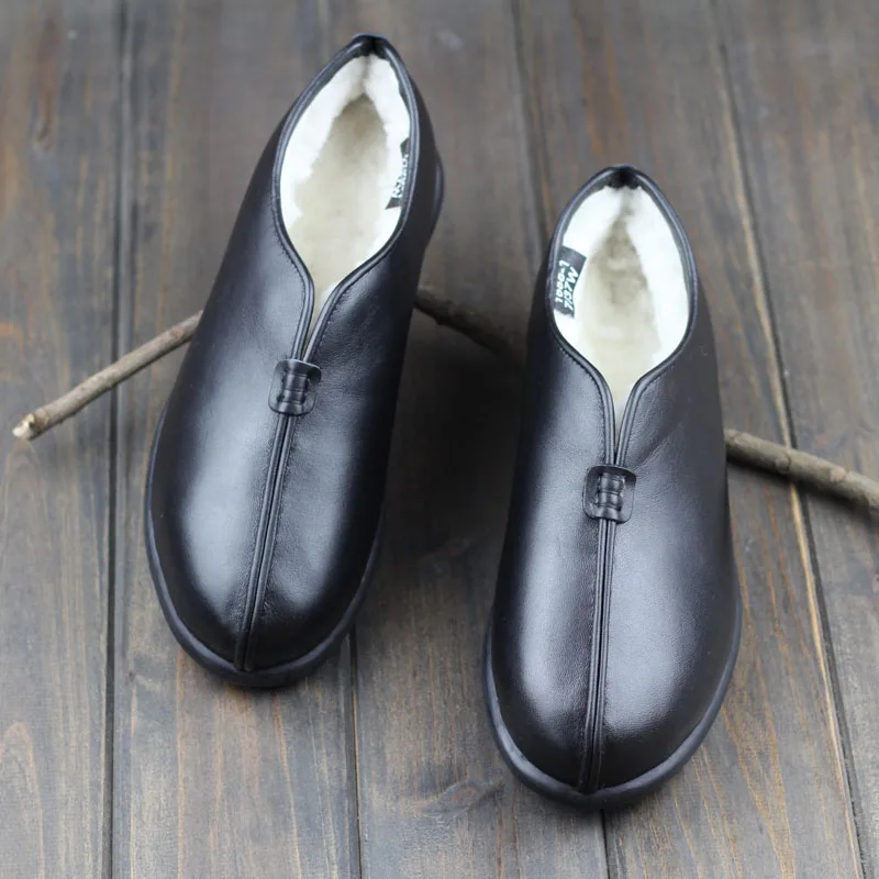 Careaymade-Genuine Leather women\'s shoes,Winter wool warm cowhide shoes,handmade non slip flat casual single shoes big size35-48