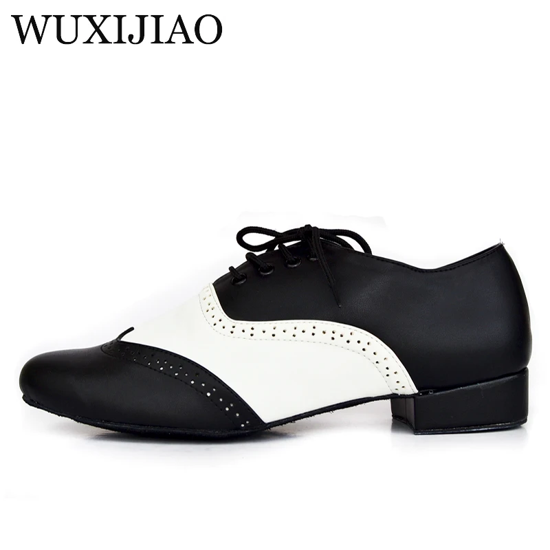 WUXIJIAO Men\'s Black White Real Leather Flats Modern dance shoes Tango Party Wedding Square dance shoes