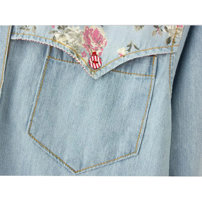 Jesień Denim bluzka Plus rozmiar 4XL kobiety luźne topy kwiat wydruku Patchwork Jeans bluzki z długim rękawem w stylu Vintage koszule Blusas AB327