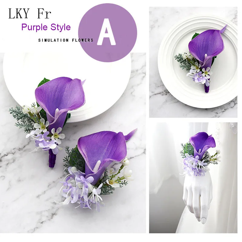 LKY Fr Boutonniere przypinki nadgarstek stanik bransoletka druhna kwiaty fioletowe róże ślub Groom Boutonniere Buttonhole Prom