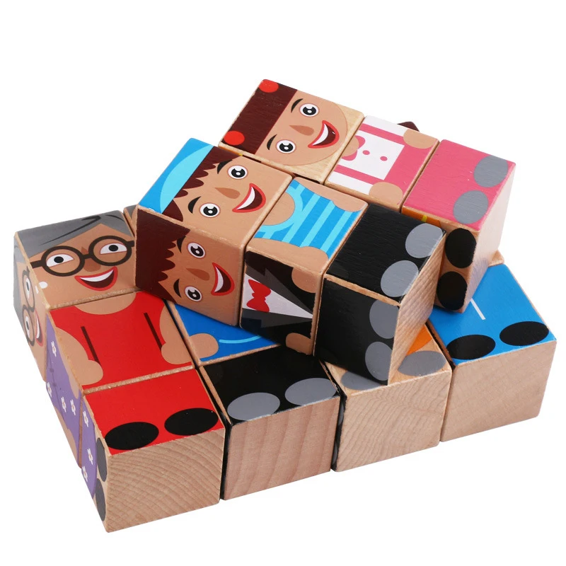 Kids Montessori Educational Wooden Toys For Children Montessori Materials Cartoon Family 3D Puzzles Funny Bricks Teaching Aids