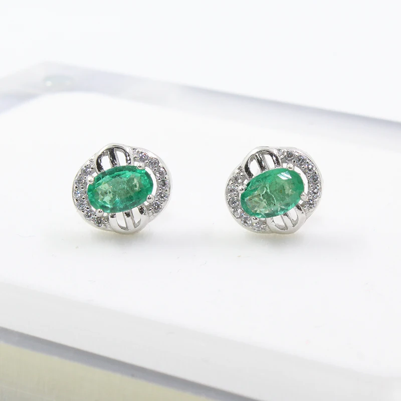 Classic sivler emerald earrings 2 pcs 4 mm * 6 mm natural I grade emerald stud earrings solid 925 silver emerald earrings