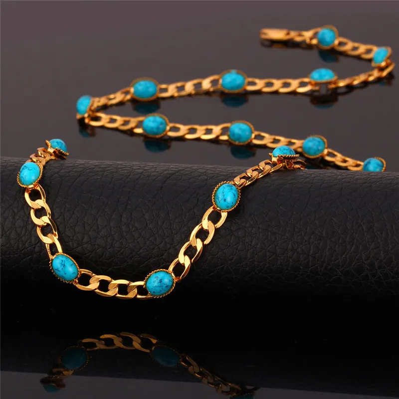 U7 Trendy Gold Color Oval Blue Turquoise Stone Women/Men Jewelry Wholesale 22 Inch Link Chain Necklace N388