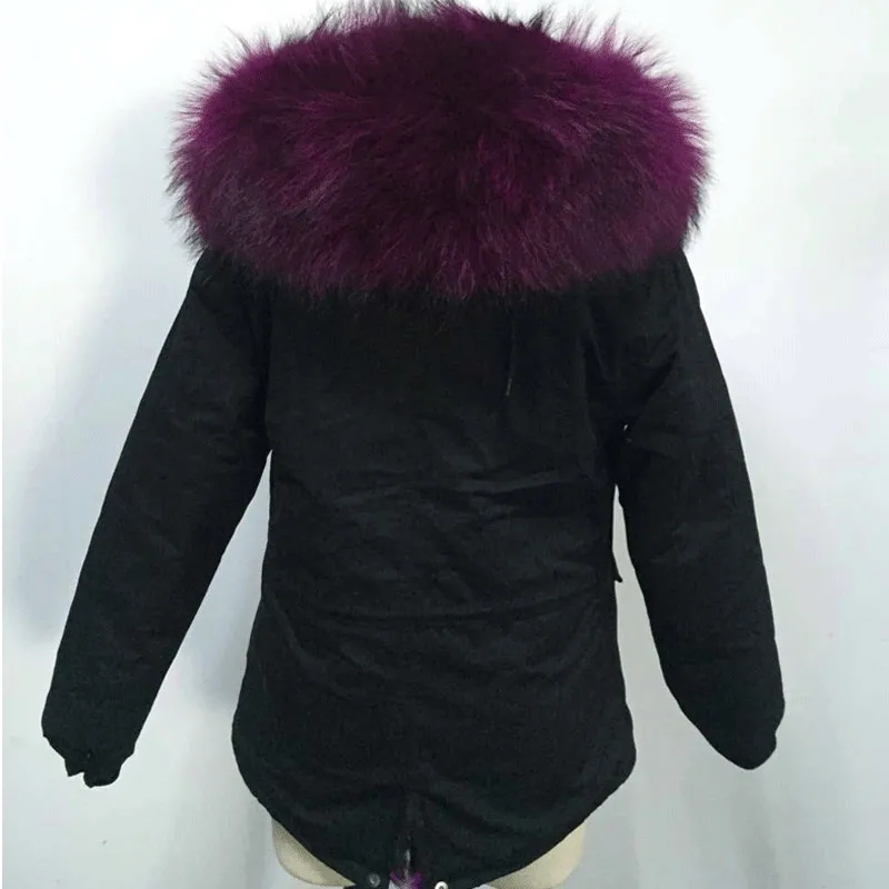 Elegant Style Ladies Luxury Violets Fox Fur Lining Short Parka Black Cotton Shell Overcoat For Women