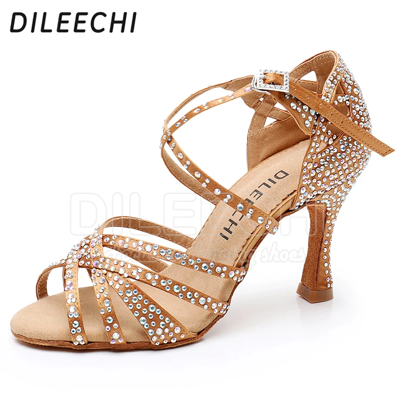 DILEECHI Latin Dance Shoes Women Big Small Rhinestone Shining Skin Bronze Satin Salsa Party Ballroom Shoes Cuba High heel 9cm