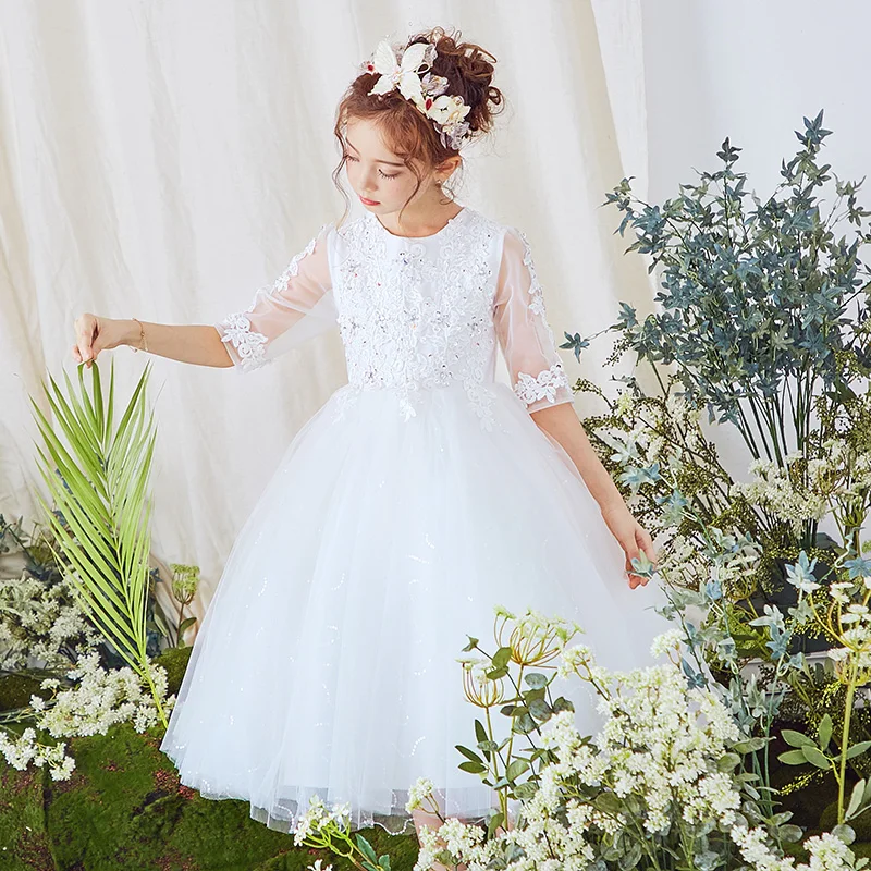 Vestidos blancos de flores para niñas pequeñas, vestidos para bodas, fiestas, ceremonias, mangas casquillo, encaje de tul, primera comunión, 2019