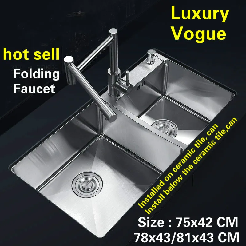 

Free shipping Standard kitchen manual sink double groove durable food-grade 304 stainless steel hot sell 75x42/78x43/81x43 CM