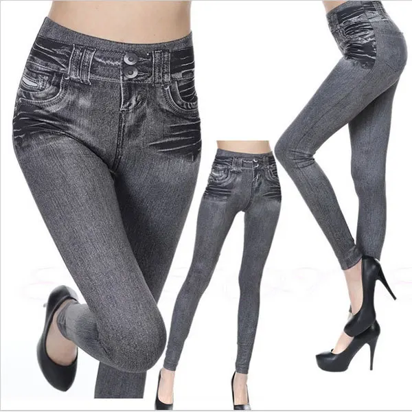 BKLD Seamless Jeggings Fashion Printed Faux Jeans For Women High Waist Skinny Push Up Pencil Pants Stretchy Leggings With Pocket