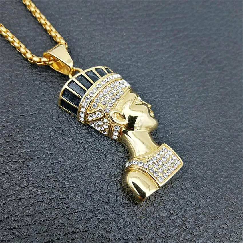 

Hip Hop Necklace Stainless Steel Gold Color Iced Out Chains Egyptian Pharaoh Pendant Necklace For Men/Women Gifts