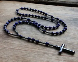 6mm Lapis Lazuli Stone Bead Hematite Cross Pendant For Men Women Catholic Christ Rosary Cross Pendant Necklace  Dropshipping