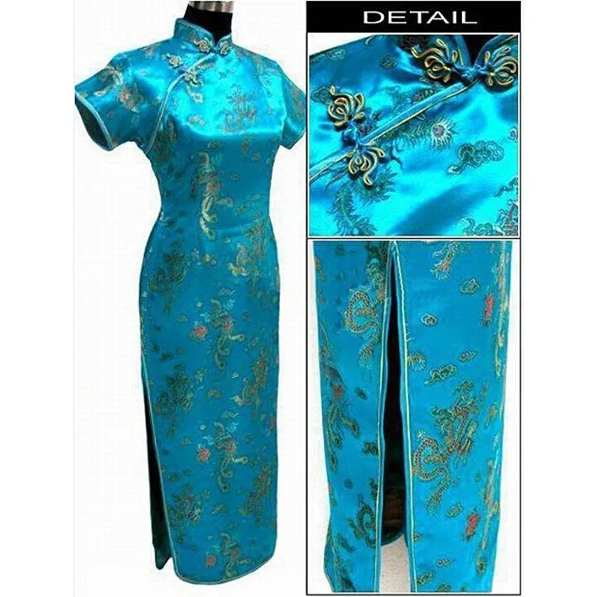 

Lake blue Chinese Traditional Dress Women Satin Qipao Dragon Phenix Long Cheongsam Size S M L XL XXL XXXL 4XL 5XL 6XL LF-06