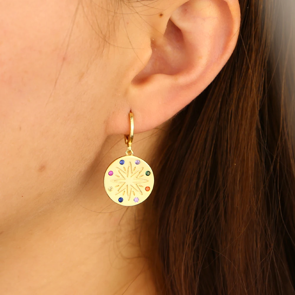 

geometric round coin drop dangle earring gold color star signet charm Chic women jewelry
