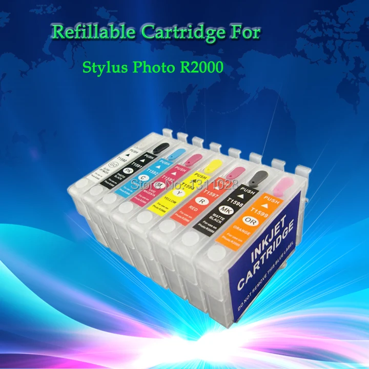 INK WAY T1590-T1599  R2000 Refillable ink cartridge for Stylus Photo R2000 with ARC,1 Set, 8 PCS