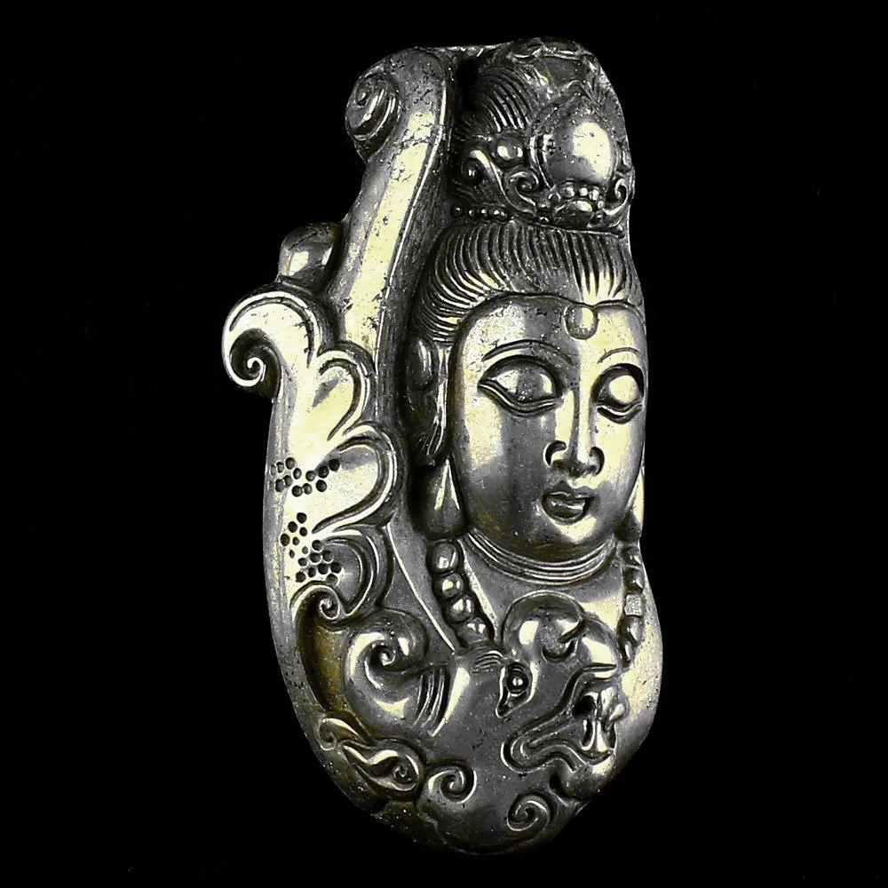 

1x Carved Natural Pyrite stone Lucky Kwan-yin Buddha Pendant Buddhist Handle Parts Bead