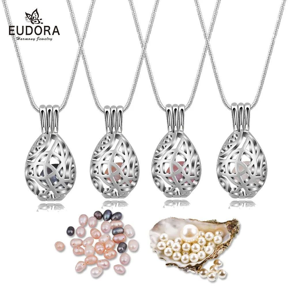 EUDORA New Silver color Cage Pearl Bead Pendant Locket Necklace teardrop Natural Pearl Oyster Pearl Locket DIY Necklace K273N08