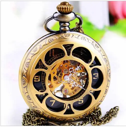 

2020 Bronze antiques sunflower Mechanical Pocket Watch Hollow Skeleton Fashion Watches Relogio De Bolso