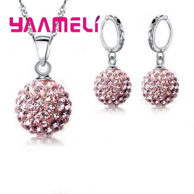 10 Colors Factory Price 925 Sterling Silver Jewlery Sets Micro Paved Crystals Round Ball Necklace Earrings For Women