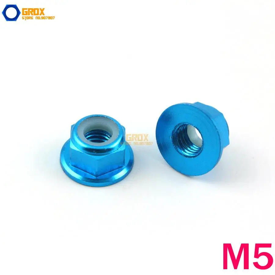 12 Pieces M5 Sky Blue Hex Flange Nylon Lock Nut Aluminum