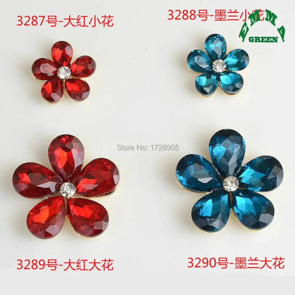 Lucky Flower Embellishments 10pcs Red Blue Crystal Gold Tone Metal Rhinestone Button Cluster Hair Center Wedding Embellishment