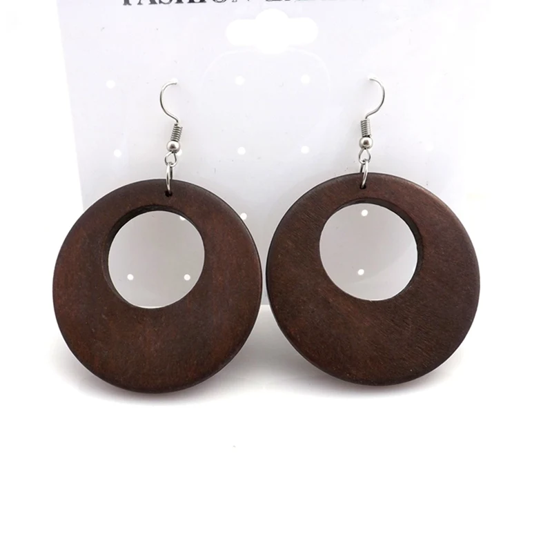 Wholesale 12 Pairs Coffee Color 50mm Hollow Wooden Earrings Bohemian Drop Earrings