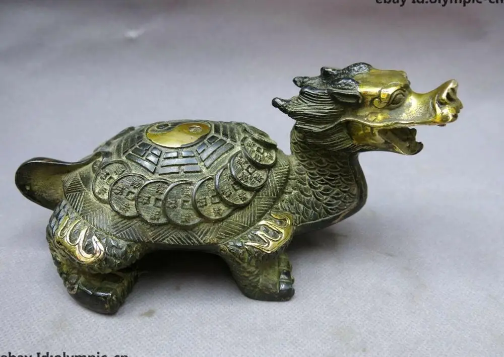 18CM China Feng Shui bronze gild good luck money Eight Diagrams Dragon Turtle Statue