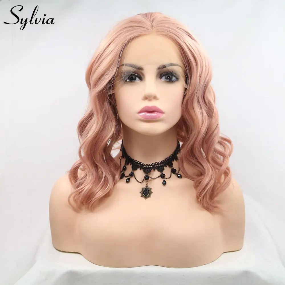 

Sylvia Short Bob Wigs Peach Pink Hair Lace Front Wig Middle Part Rose Gold Deep Wave Synthetic Wig For Women Cosplay Party Wigs